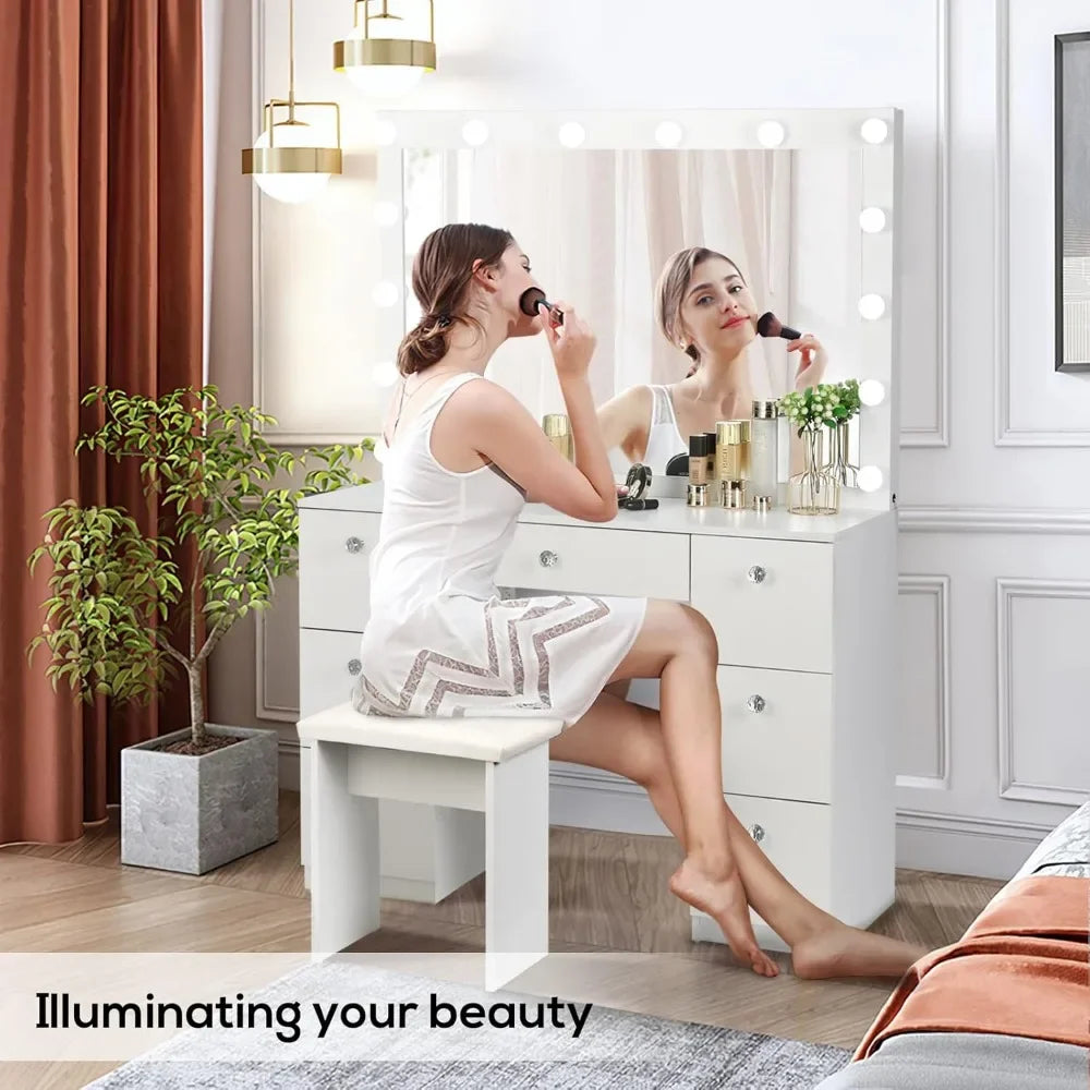 Vanity with Lighted Mirror,3 Color Lighting Modes Adjustable Brightness Makeup Vanity Desk with Power Outlet and LED Bulbs