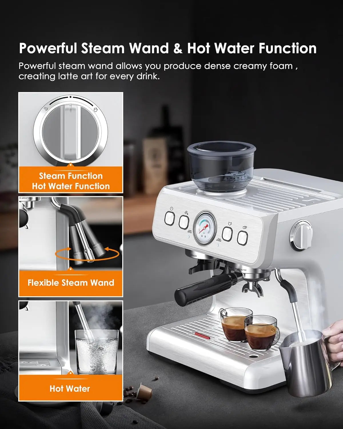 Espresso Machine,15 Bar Professional Espresso Maker with Coffee Bean Grinder Milk ,Coffee Machine for Cappuccino