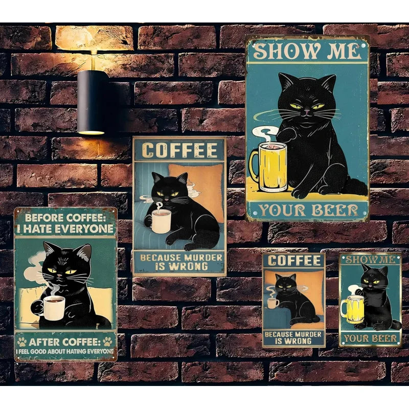 Black cat coffee metal tin painting kitchen wall decoration retro poster 30x20 cm