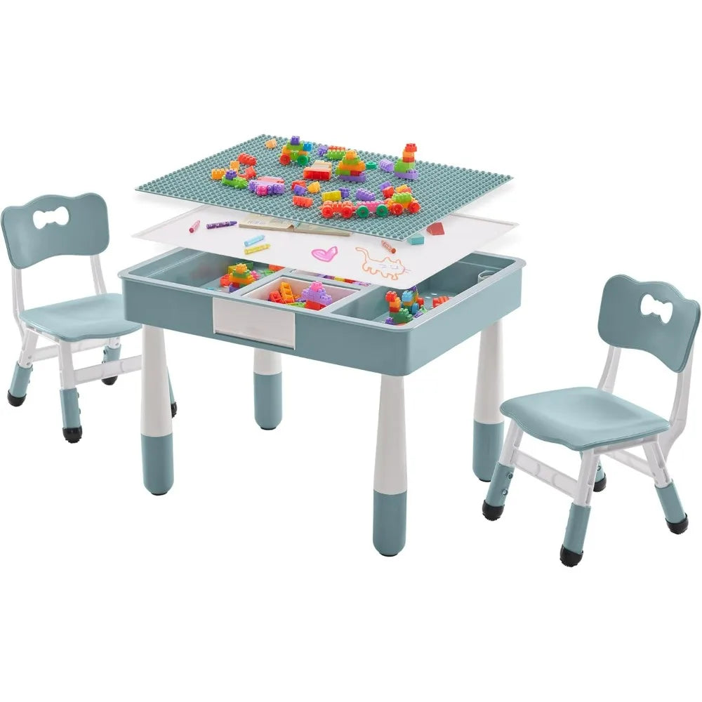 4 in 1 Kids Table and 2 Chairs Set with Storage,Toddler Table and Chair Set for Kids Ages 3-10,Graffiti & Building Blocks Double