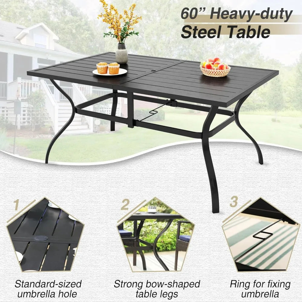 7 Piece Patio Dining Furniture Set, 60” Rectangular Metal Dining Table & 6 Cushioned Rattan Wicker Chairs ,Garden Furniture Sets