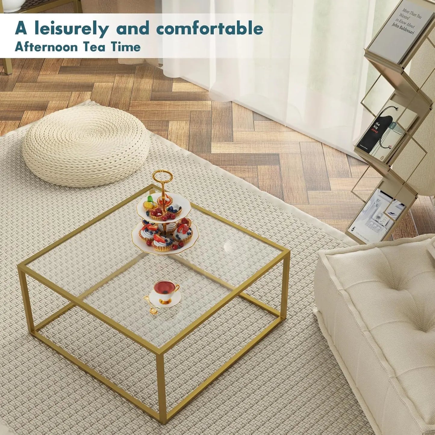 Gold Coffee Table Glass Modern Coffee Tables for Small Space Simple Square Center Table for Living Room