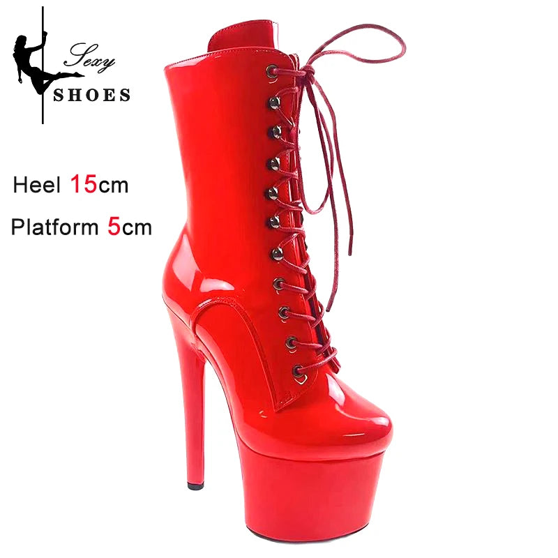 New Black Boot for Women 15CM High Heels Zip Ankle Boots Lace-up Knight Sexy Pole Dancing Platform Stripper Shoes WESTERN Boots