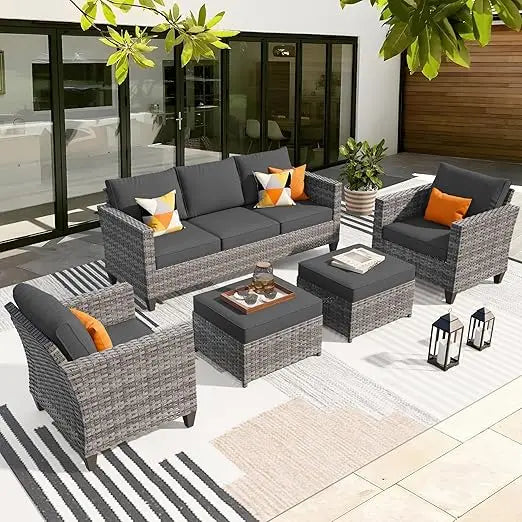 Patio Furniture Set, Couch Chairs, All Weather High Back Conversation Set Garden Backyard, 5 Pieces Outdoor Wicker Rattan Sofa