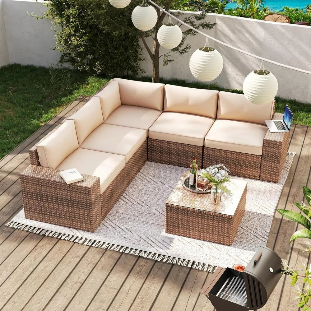 6 Pieces Patio Furniture Set, Outdoor Wicker Rattan Sectional Sofa for Patio, Garden, and Poolside, Garden Furniture Sets