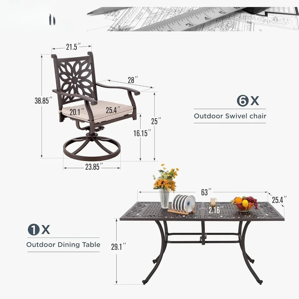 Aluminum Patio Dining Set,with Cast-Top Aluminum Table and 6 Swivel Rockers Dining Chairs with Cushions,7Piece Outdoor Patio Set