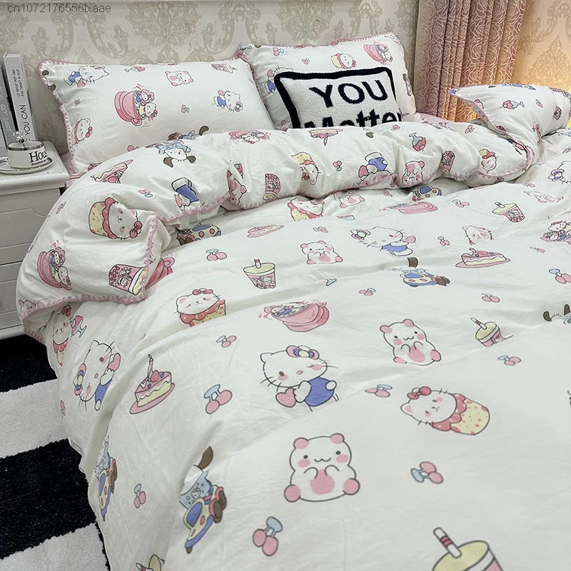 Sanrio Hello Kitty Cartoon Four Piece Sets Household Bedroom Sweet Cute Student Dormitory Bed Quilt Cover Sheet With Pillowcases