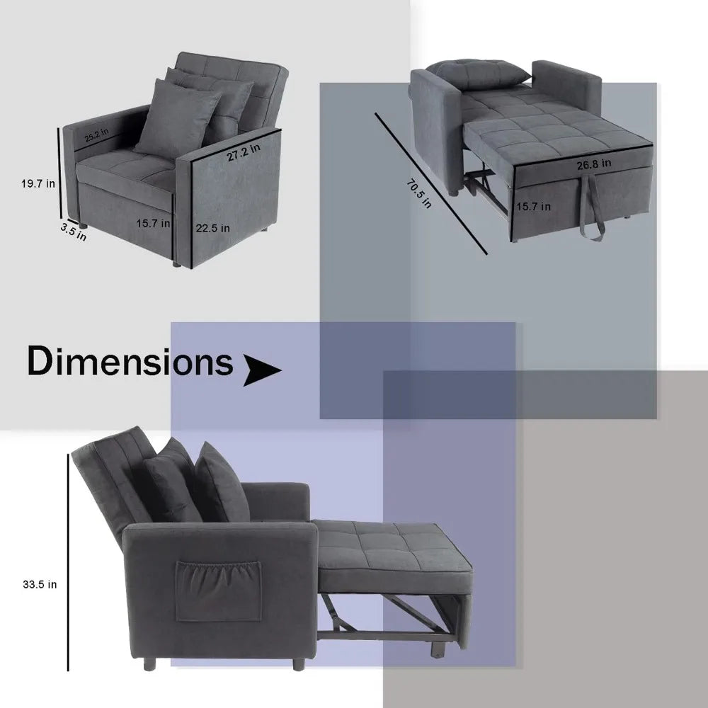 Sofa Bed Chair 3-in-1 Convertible, Lounger Sleeper, Single Recliner for Small Space with Adjustable Backrest (Dark Grey)