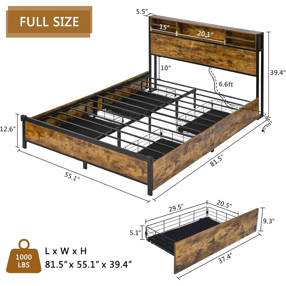 LED Bed Frame Full Size with Outlets and Bookcase Headboard,Metal Platform Bed Full with 4 Storage Drawers &LED Lights Headboard