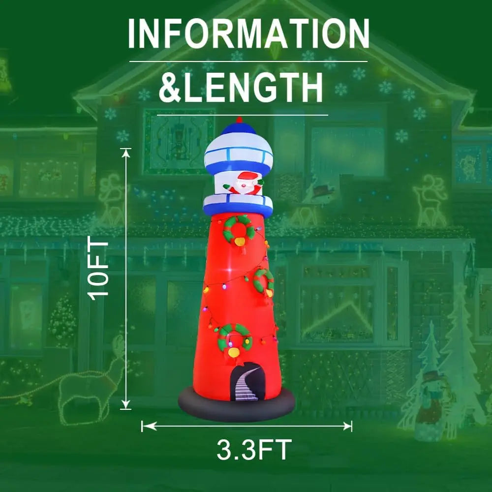 Christmas Inflatable Lighthouse Decorations, 10FT Giant Blow Up Beacon with Santa Claus Built in Colorful LED Bulbs Inflate