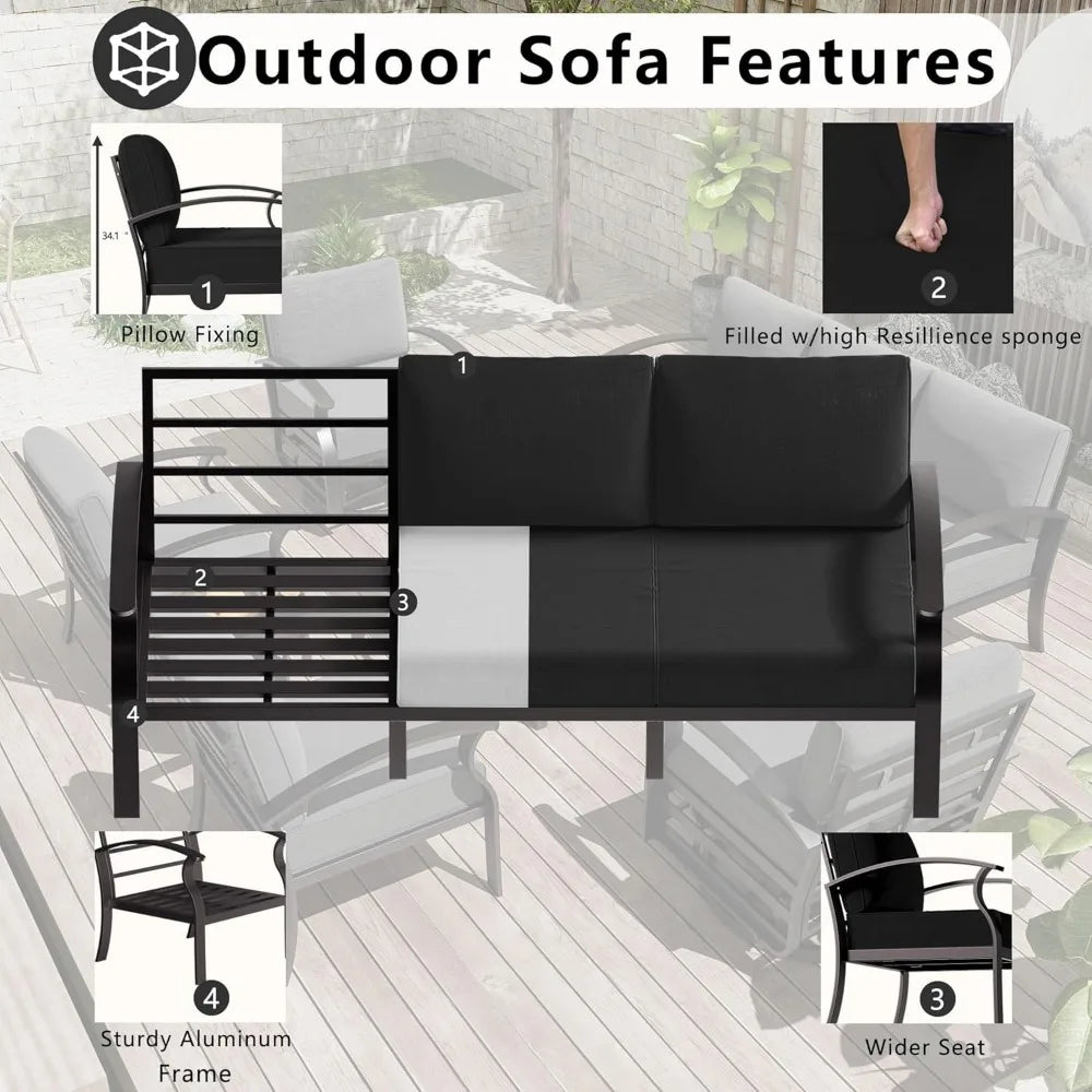 Patio Furniture Sets ,All-Weather Patio Conversation Set with Tempered Glass Top Table , 3-Piece Aluminum Armrest Sofa