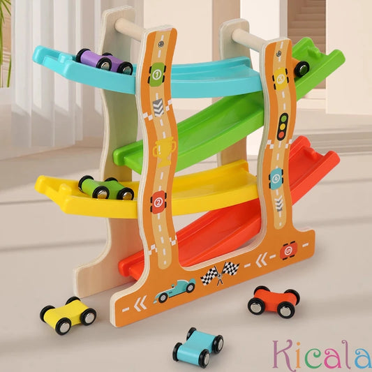 Wooden Racing Slide Cars Track Parking Lot Toys Gliding Ladder Vehicles DIY Education Xmas Birthday Gifts For Kids Boys