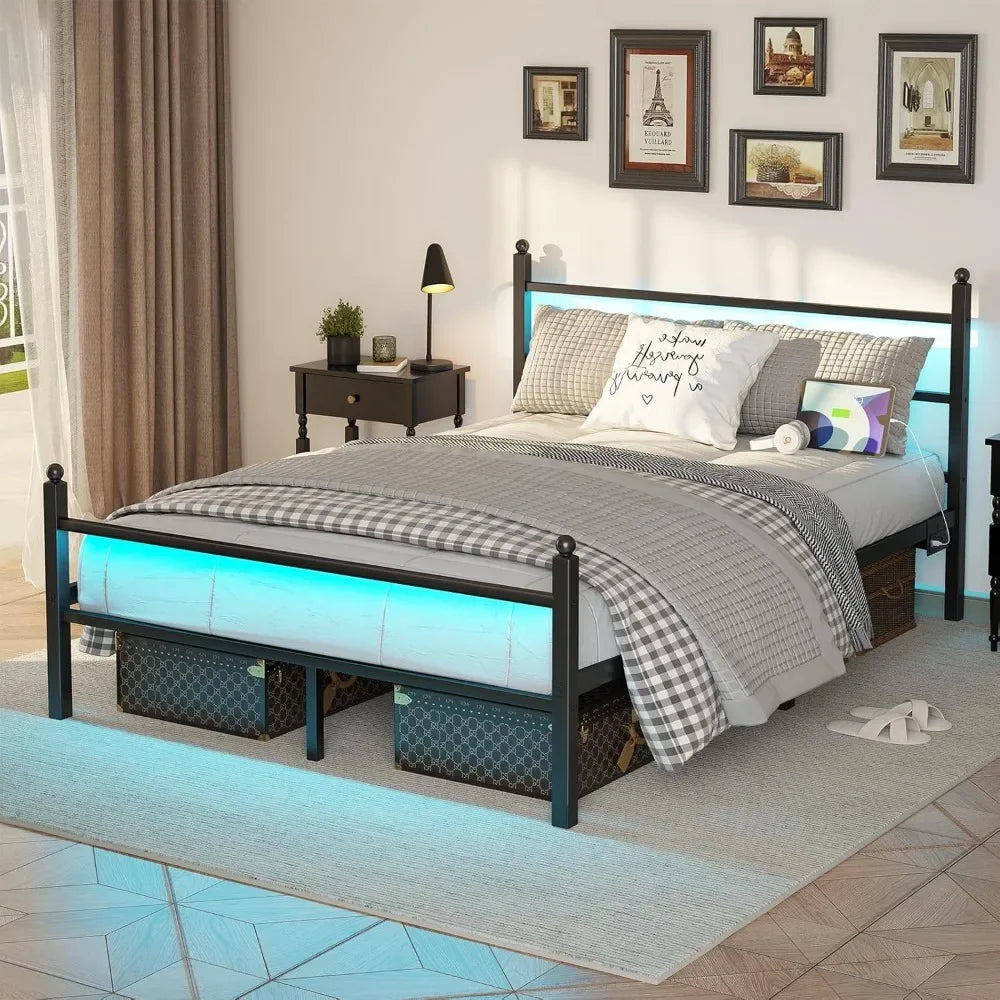 Full Bed Frame with Headboard and Footboard,Heavy Duty Steel Slats Support Metal Bed Frame with Charging Station, Black