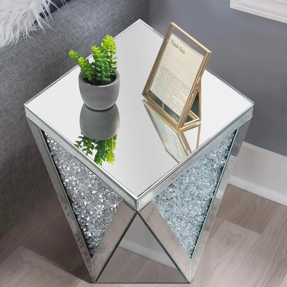 Silver Mirrored End Table, Crystal Inlay Side Table Accent Table, Small Mirrored Coffee Table for Living Room