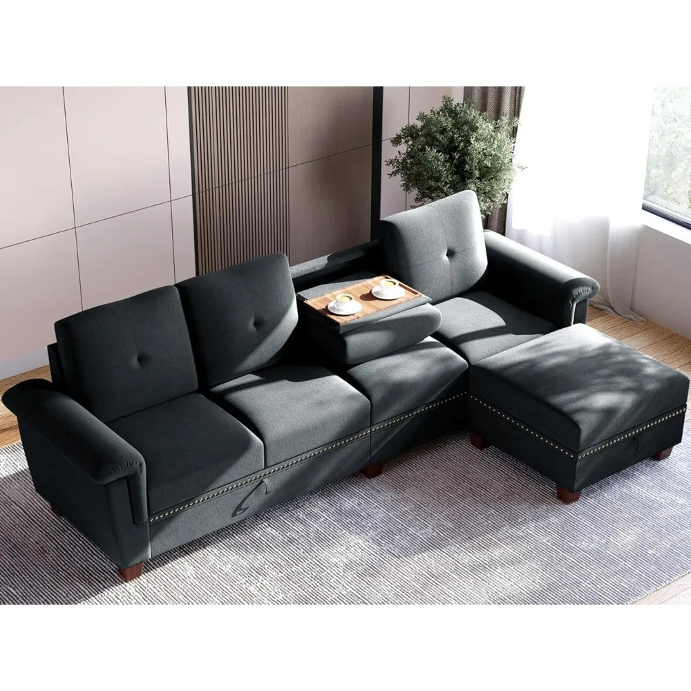 Living Room L Shaped Couch, Couch with Ottoman, Living Room Furniture Sets with Cup Holders, 4-Seat Convertible Sectional Sofa