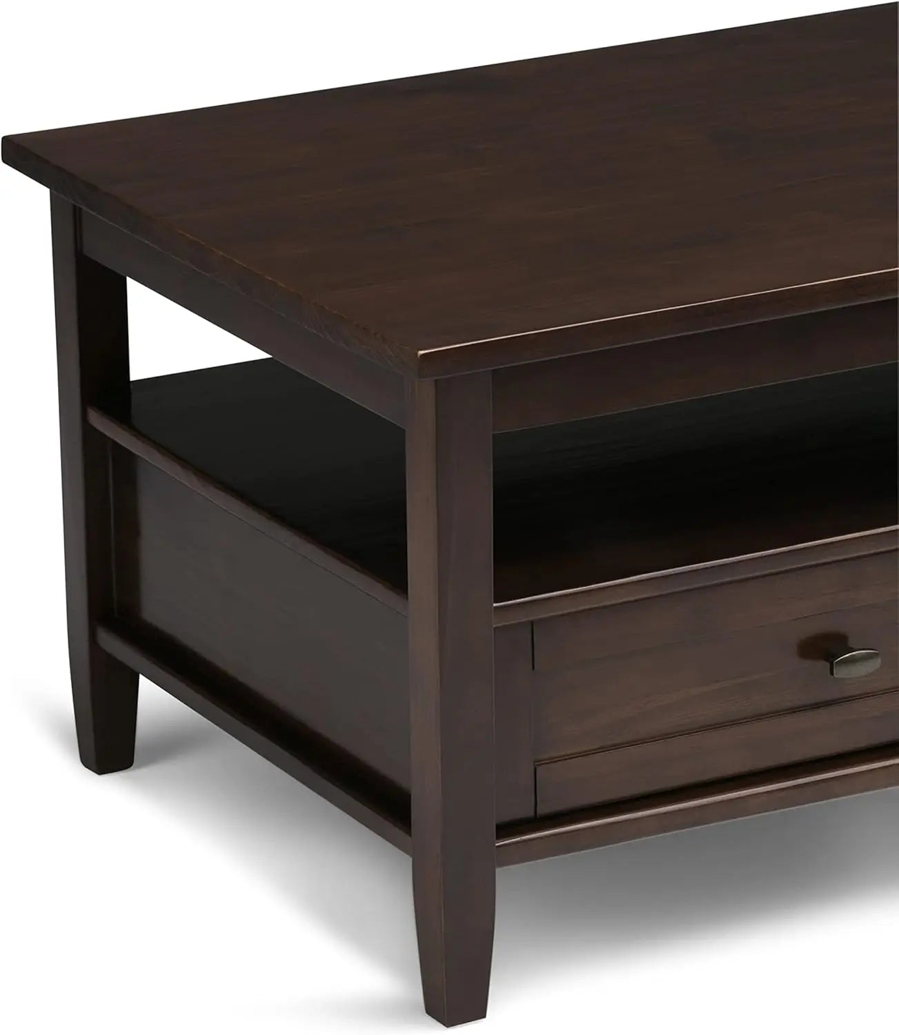 Shaker SOLID WOOD 48 inch Wide Rectangle Rustic Coffee Table in Tobacco Brown, for the Living Room and Family Room