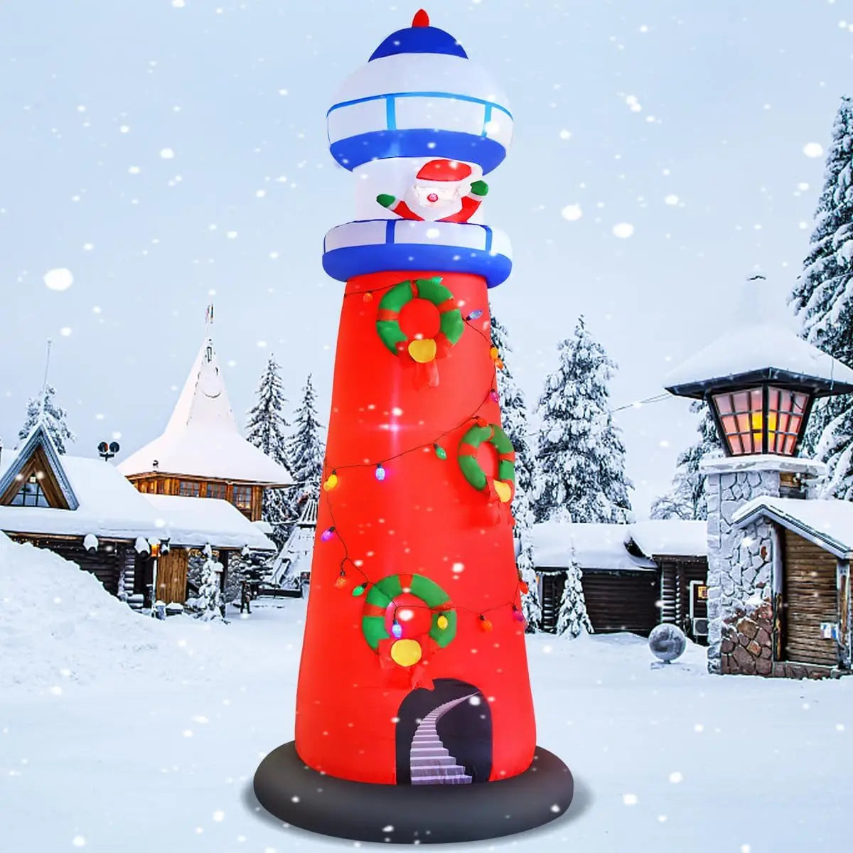 Christmas Inflatable Lighthouse Decorations, 10FT Giant Blow Up Beacon with Santa Claus Built in Colorful LED Bulbs Inflate