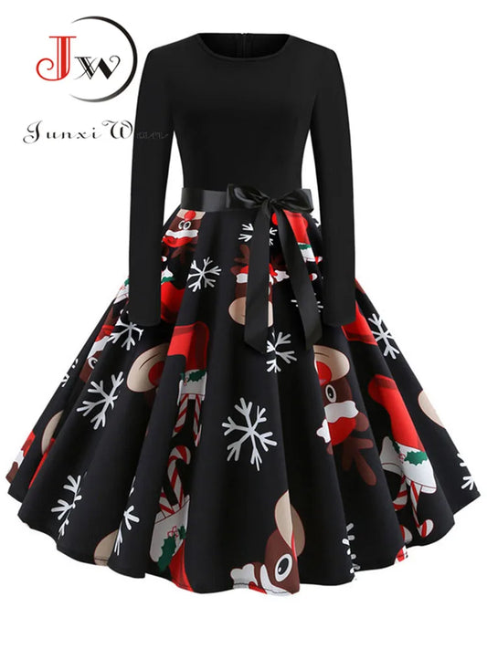 Winter Weihnachtskleider Damen 50er 60er Vintage Robe Swing Pinup Elegantes Partykleid Langarm Casual Print Schwarz