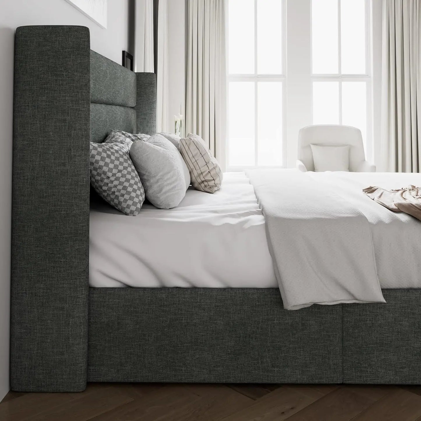 King Size Lift Up Storage Bed/Modern Wingback Headboard/Upholstered Platform Bed Frame/Hydraulic Storage/No Box Spring