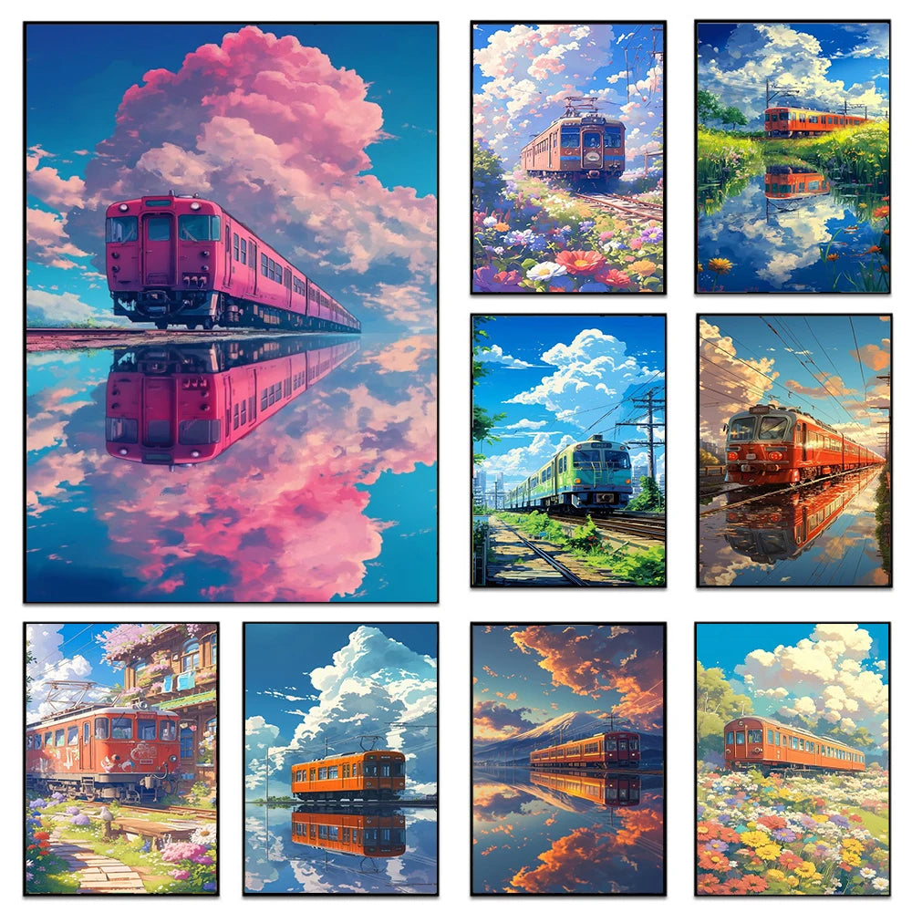 Cartoon Anime Train 5D Full Round Diamond Painting Kits Fantasy Tram Track Scenery DIY Drills Mosaic Embroidery Cross-stitch