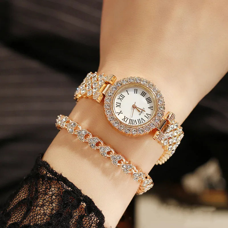 2pcs/set Luxury Female Brand Diamonds Watch Bracelet Women's Crystal Quartz Watches Ladies Dial Steel Wristwatch Trendy Clock