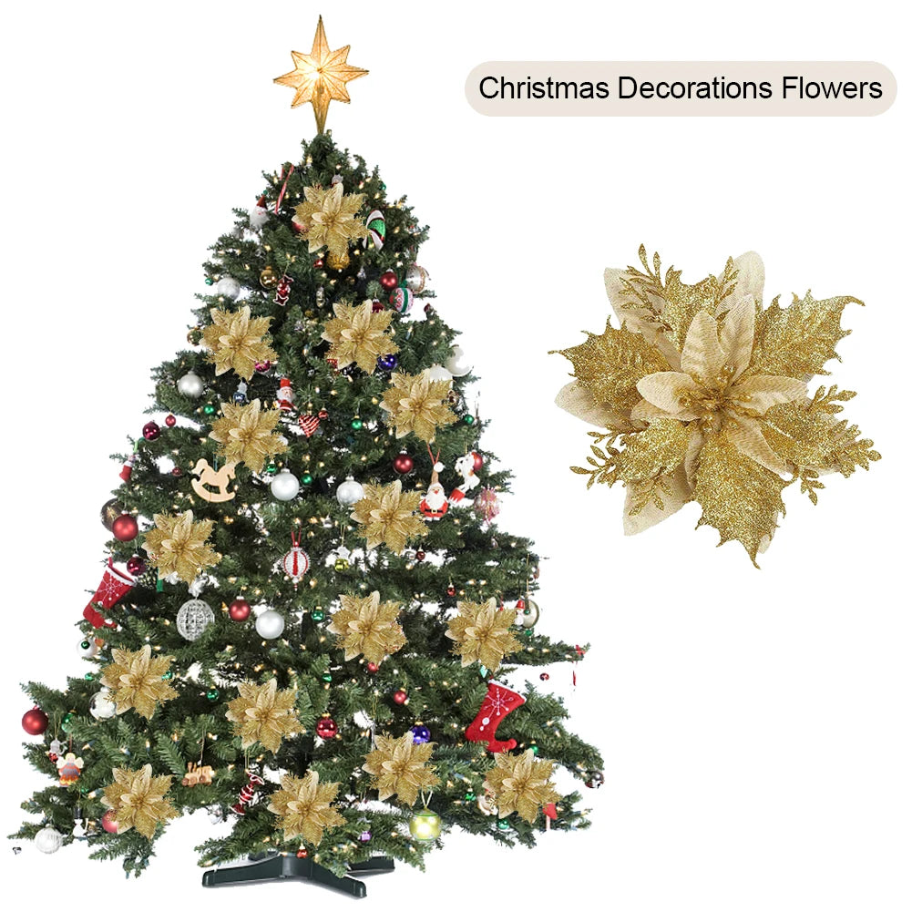 20/10PCS Artificial Poinsettia Flower Merry Christmas Festival Holiday Decoration Garland Christmas Tree Decoration Ornaments