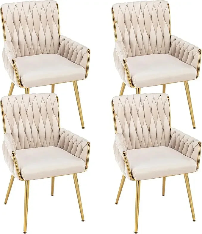 Velvet Dining Chairs Set of 4, Modern Hand Weaving Dining Room Chairs with Golden Metal Legs & Armrest, Dining Chairs