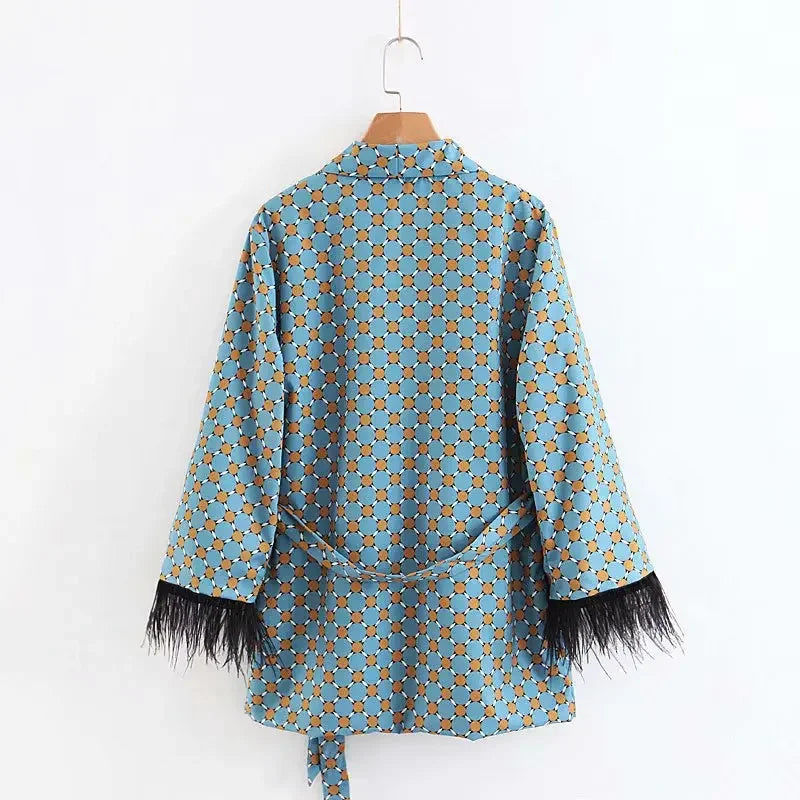 "Blue Moon" Kimono Suit: Feather Sleeves & Wide Leg Pants.