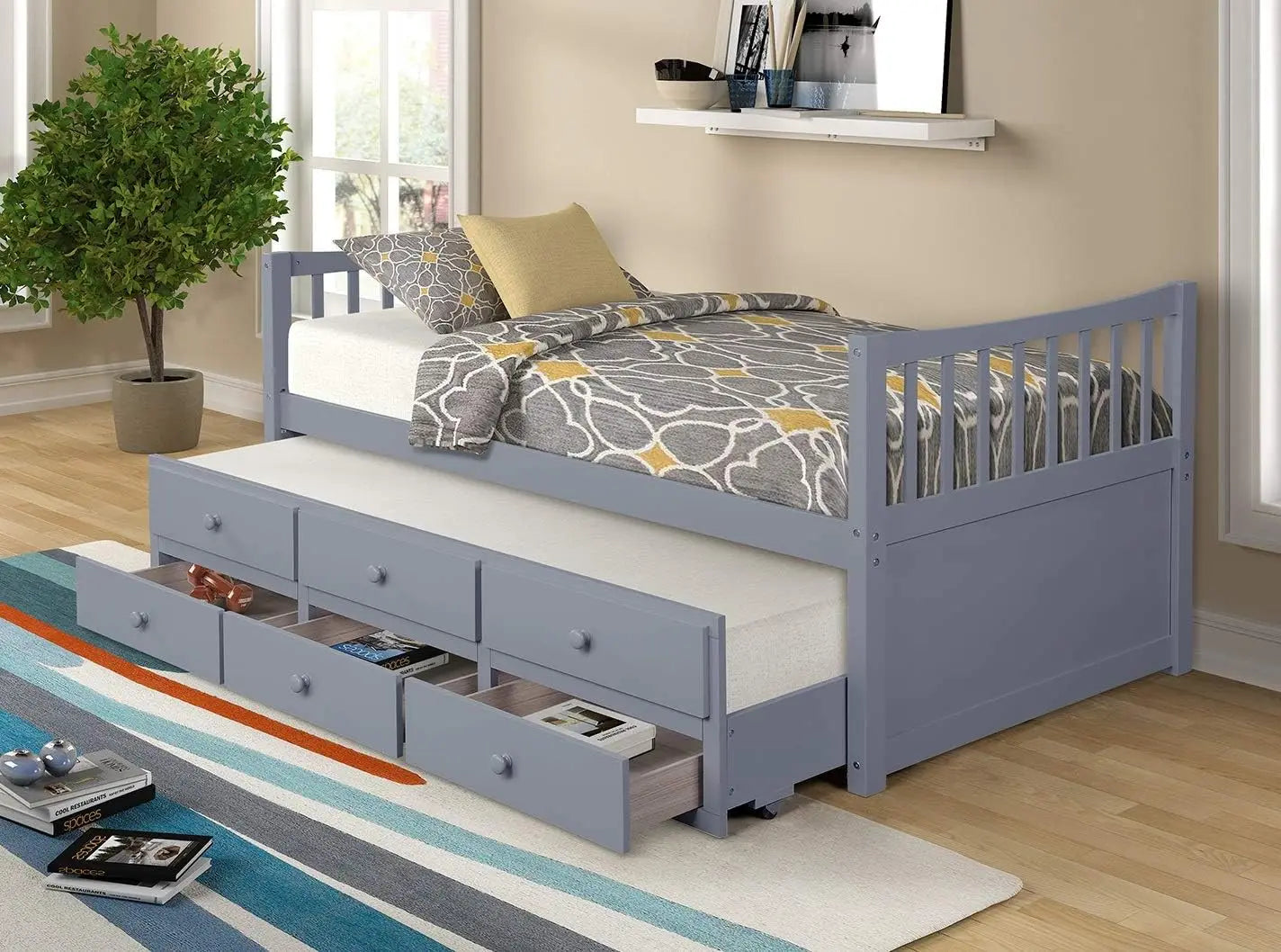 Twin Captain’s Bed Storage daybed with Trundle and Drawers for Kids Guests (Espresso)