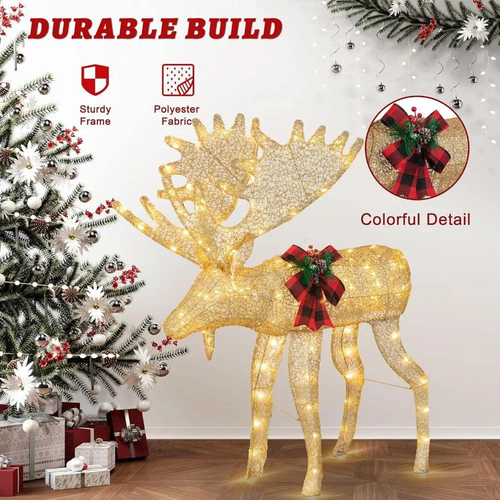 2-Piece 3D Lighted Christmas Reindeer Family, Pre-Lit Gold Christmas Decor Deer with 170 Warm White LED Lights