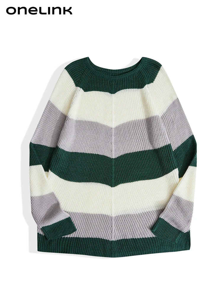 ONELINK Green White Grey Wide Stips O Neck Plus Size Autumn Winter 2022 Woolen Knit Pullover Women Sweater Oversize Clothing