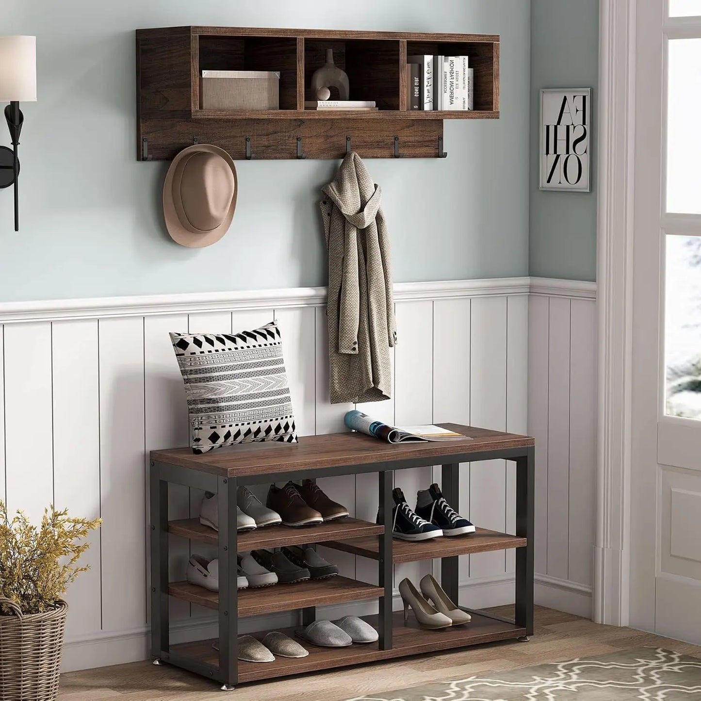 Industrial [Shoe] [Rack] [Bench] with Coat [Rack] Set with Hall Tree, 3 Storage Cubbies, 7 Hooks for Entryway, Hallway