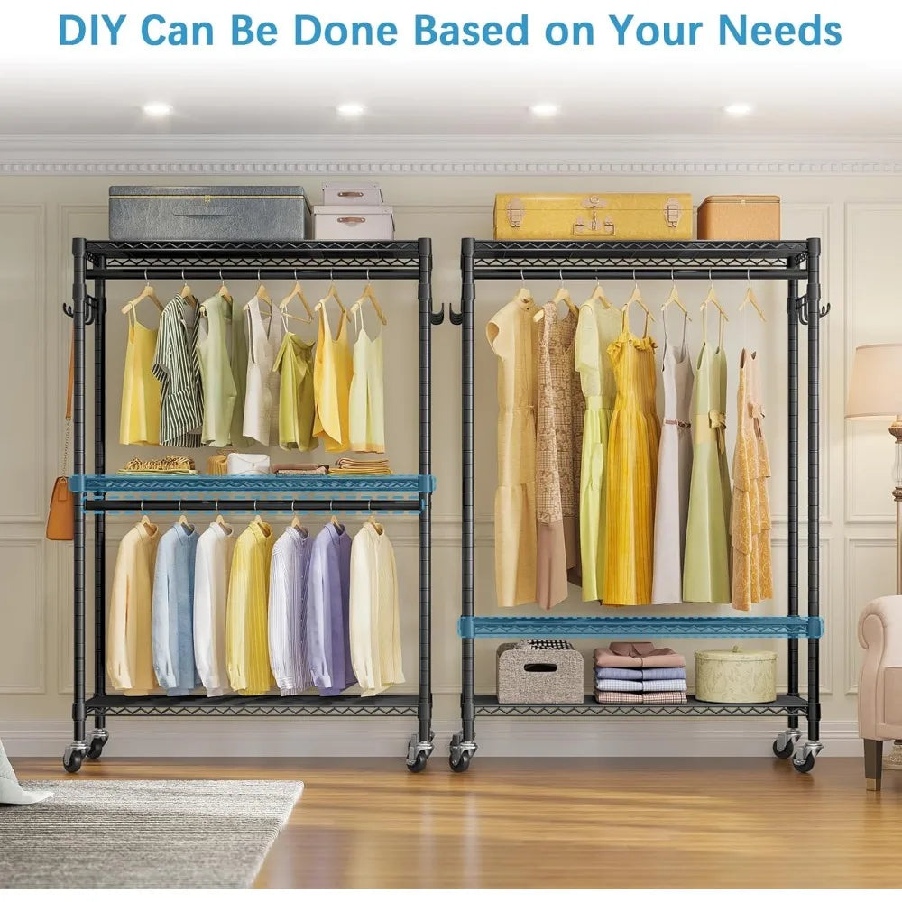 V12 Heavy Duty Rolling Garment Rack 3 Tiers Adjustable Wire Shelving Clothes Rack with Double Rods and Side Hooks,  Black