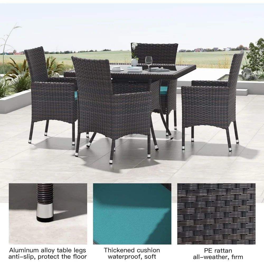 15-Piece Outdoor Dining Set,Square Glass Tabletop with Umbrella Hole for Patio,Backyard,Garden,Patio Rattan Furniture Set