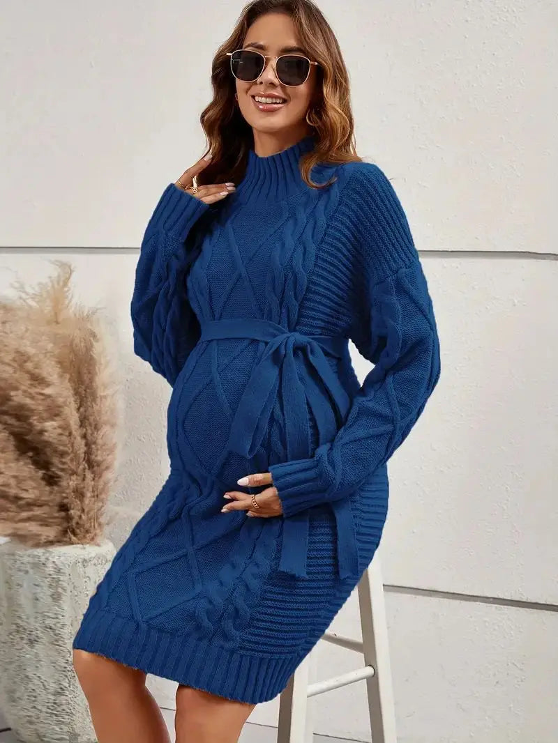 American Fashion Knitted Sweaters Dress for Maternity Autumn Winter Thick Warm Loose Straight Ties Slim Waist Clothes Pregnancy