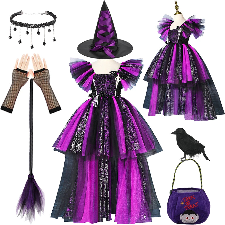 Disney Witch Costume Girls Purple Mesh Trailing Dress Maleficent Deluxe Girls Fancy Halloween Party Kids Cosplay Clothes 2-12T