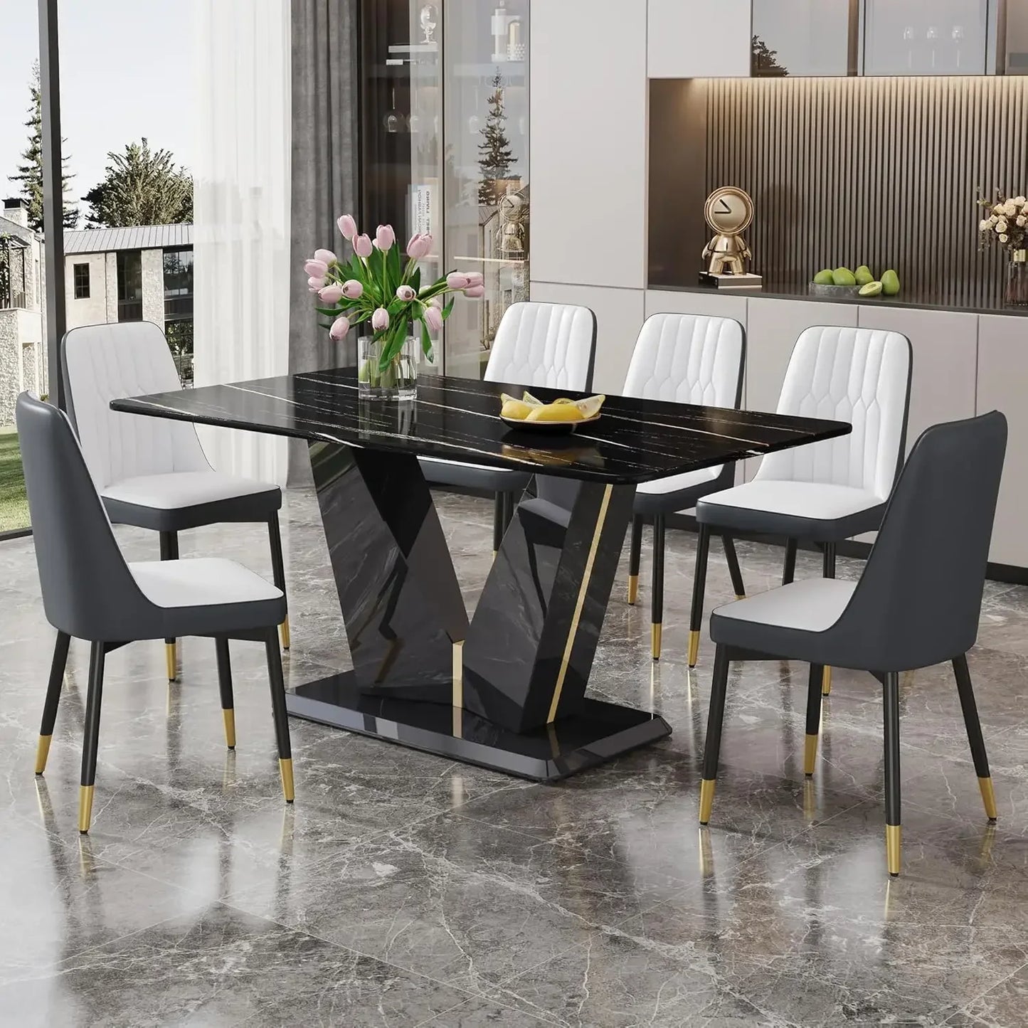 Black Dining Room Table Set for 6, Modern Marble Dining Table with 6 Metal Leg Chairs Kitchen Table Chair Set for Dining Room