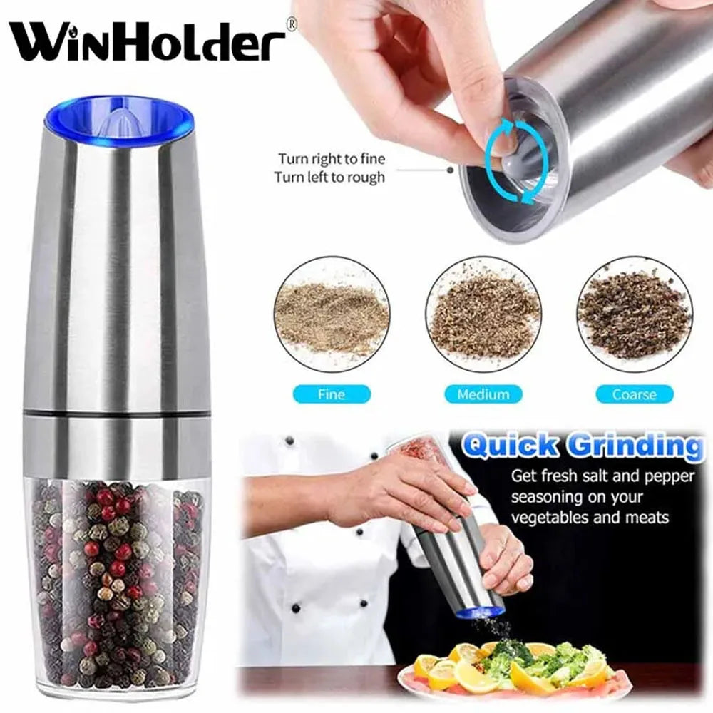 Winholder Stainless Steel Gravity Electric Pepper and Salt Grinder Mill Adjustable Coarseness Battery Powered with LED Light