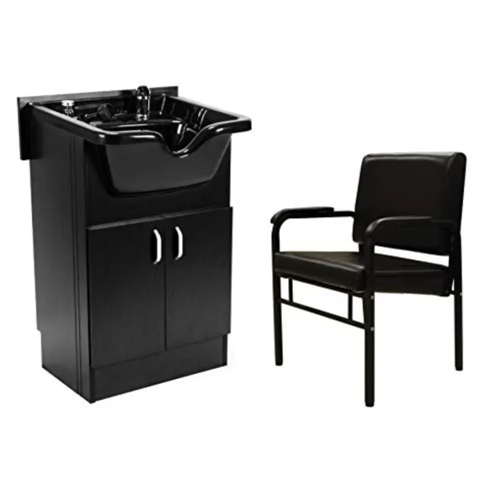 A Set of Salon Shampoo Cabinet with Shampoo Bowl, Faucet, Drain Pipe, and Black Reclining Chair, Salon Shampoo Chair