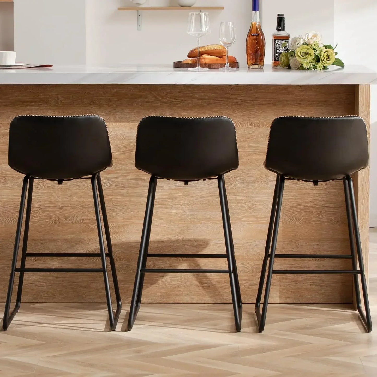 Bar Stools Set of 3, 26 Inch Barstools with Metal Legs Faux Leather Counter Height Bar Stools,Modern Bar Chairs