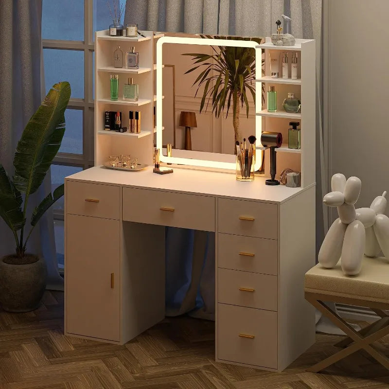 Vanity Desk with Mirror & Light, Makeup Vanity with Lights, 6 Drawers Makeup Table with Mirror, 3 Lighting Colors, Dressing Tabl