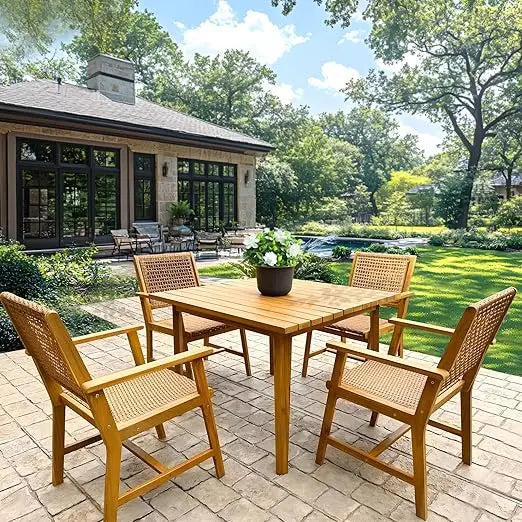 9 PCS Wood Outdoor Dining Set, Teak Rectangle Wooden Table & Dining Chairs with Wicker Seat and Back,Garden Furniture Sets