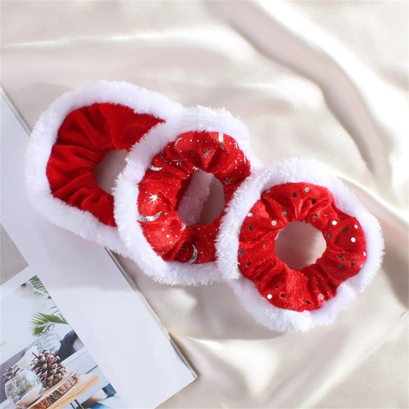 F42F Christmas Theme Hair Scrunchies for Women Girl with Plush Trim Festival Hair Elastic Ponytail Holder Party Accessories