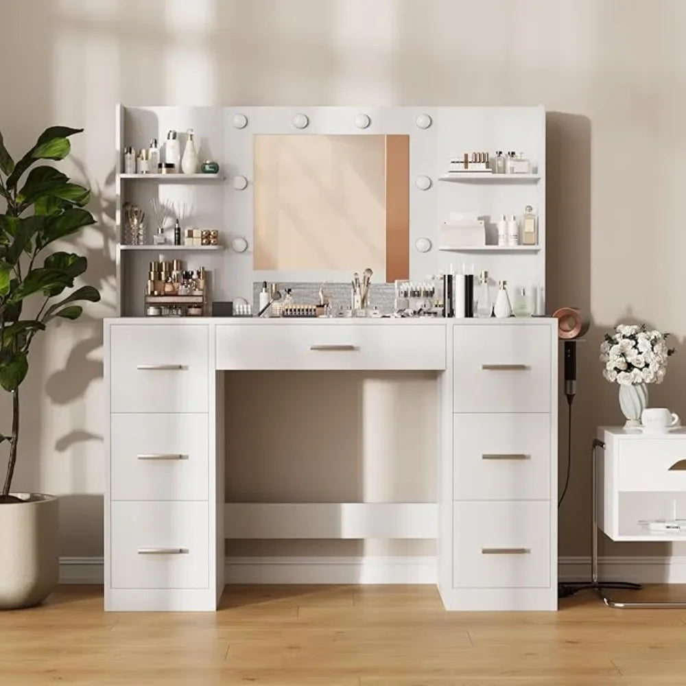 Vanity Desk with Mirror, LED Lights and Power Outlet Makeup Vanity Table with 7 Drawers and 6 Storage Shelves Dressing Table