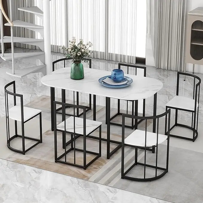 7-piece dining table and chairs set for small spaces, faux marble kitchen table, modern style dining table set