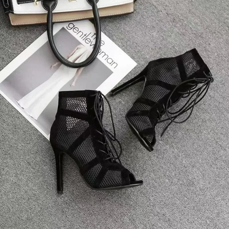 Women High Top Dance Shoes Black Ballroom Boots Salsa Tango Sandals Girl Fashion Party Mesh Cutout High Heel Summer Sandalias