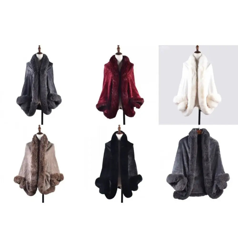 Trendy Winter Warm Plush Shawl Thicken With Sleeves Faux Fur Collar Shawl Coat Cardigan Cape