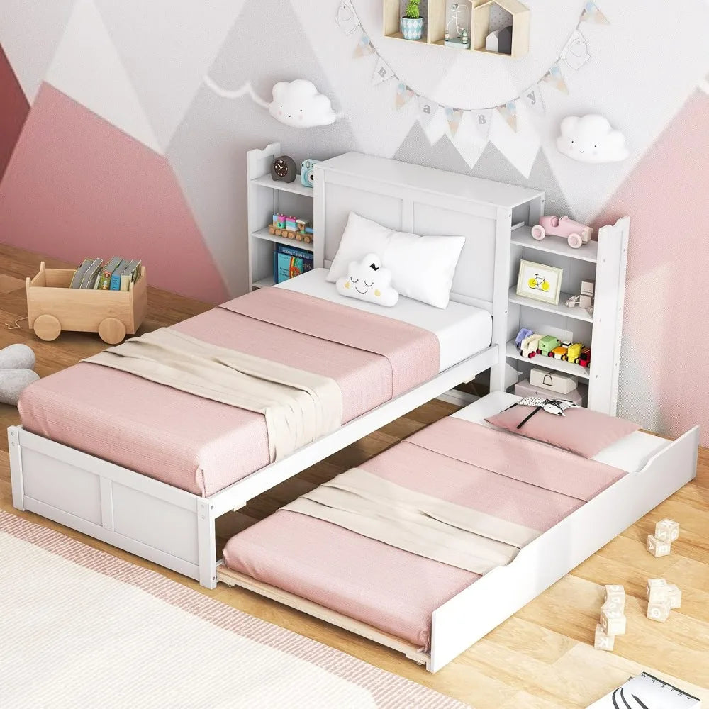 Twin Bed Frame with Trundle, Wooden Bed Frame with 2 Rolling Bookcases & High Headboard, Storage Platform Bed for Kids,