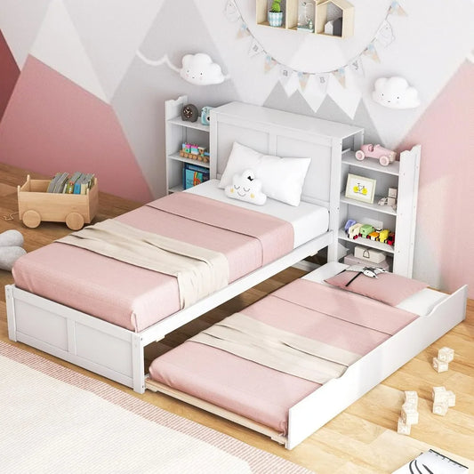 Twin Bed Frame with Trundle, Wooden Bed Frame with 2 Rolling Bookcases & High Headboard, Storage Platform Bed for Kids,