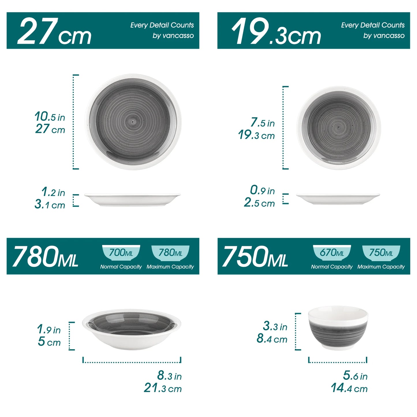 VANCASSO ORI 16/32 Piece Grey Color Stoneware Tableware Set with Dinner/Dessert Plate Cereal/Pasta Bowl  For 4/8 Person